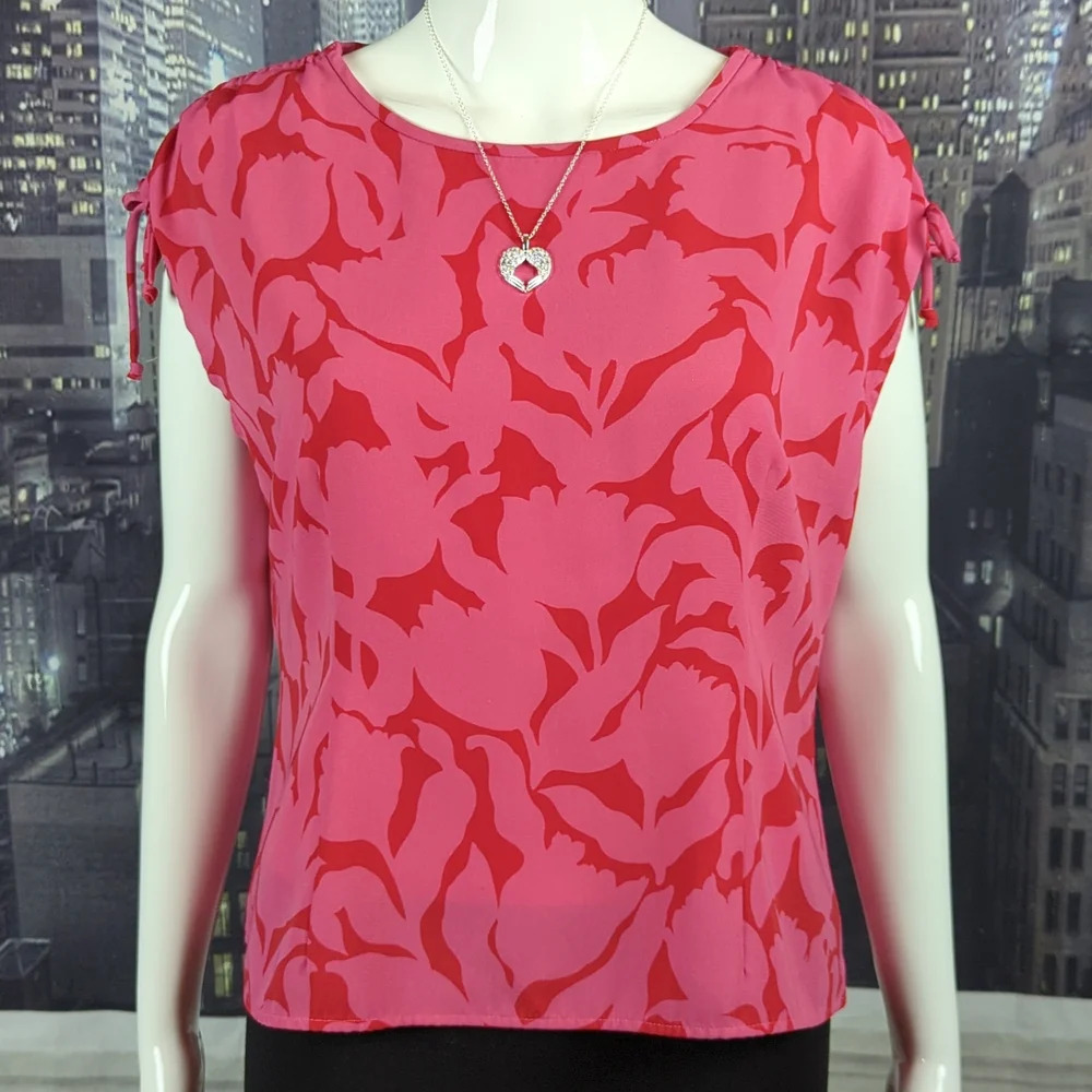 Kasper Pink and Red Floral Cap-Sleeve Blouse